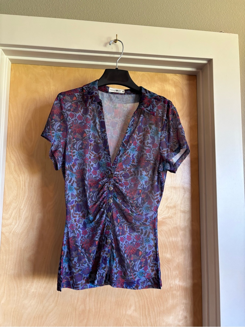 Natural Life Mesh Floral Button Up Top Ruched Collared Short Sleeve Purple M